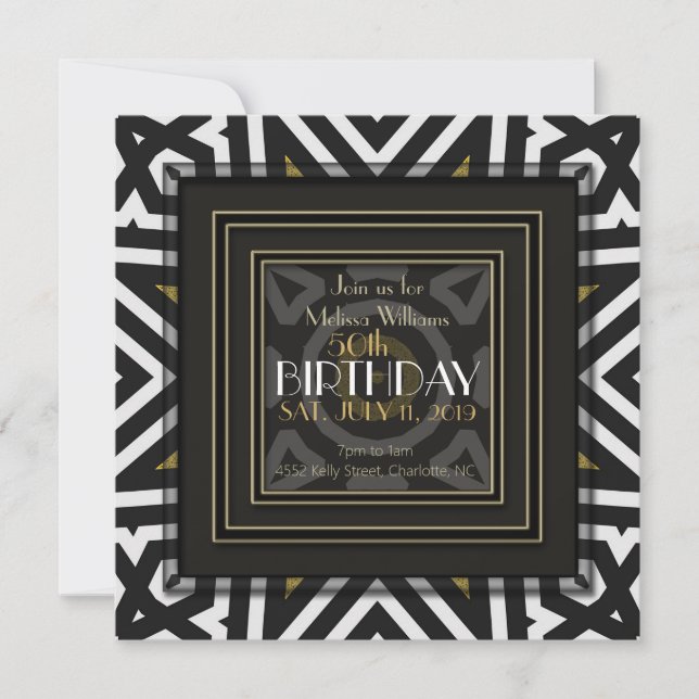 Invitation Aztec Boho Cool Noir Blanc Or 50e Anniversaire (Devant)