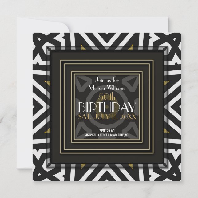 Invitation Aztec Boho Cool Noir Blanc Or 50e Anniversaire (Devant)