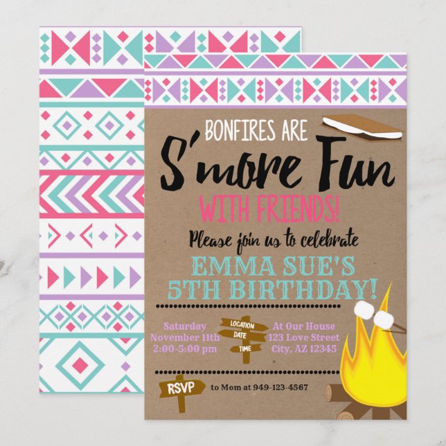 Invitation Aztec Pink Turquoise S'plus fun avec des amis Anni (Devant / Derrière)