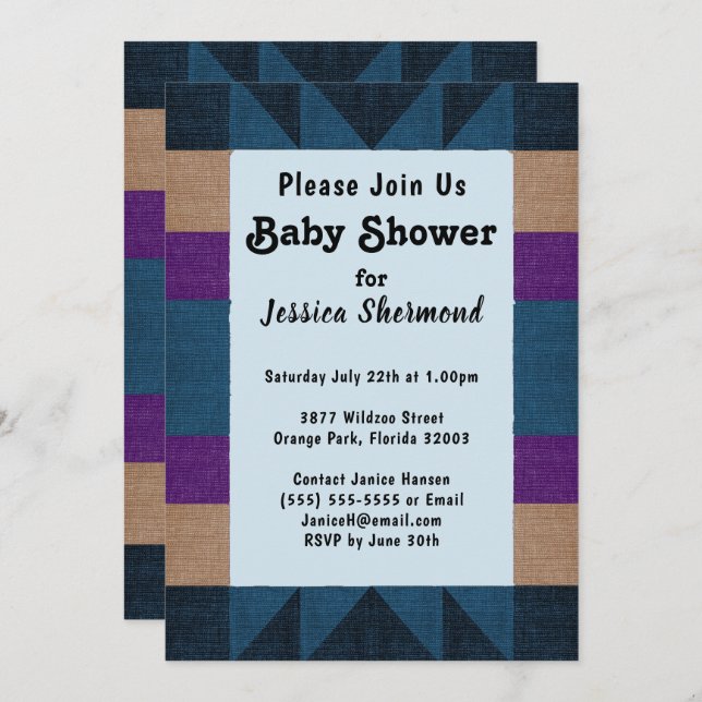 Invitation Aztec Tribal Abstrait Baby shower Bleu Violet Tan (Devant / Derrière)
