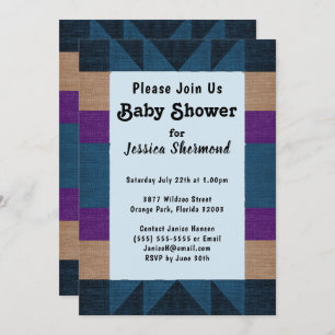 Invitation Aztec Tribal Abstrait Baby shower Bleu Violet Tan