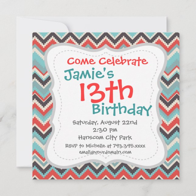 Invitation Aztec Tribal Chevron Zig Zag Motif Red Blue Grey (Devant)