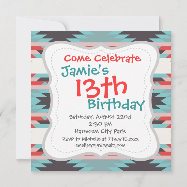 Invitation Aztec Tribal Motif Native American Red Blue (Devant)