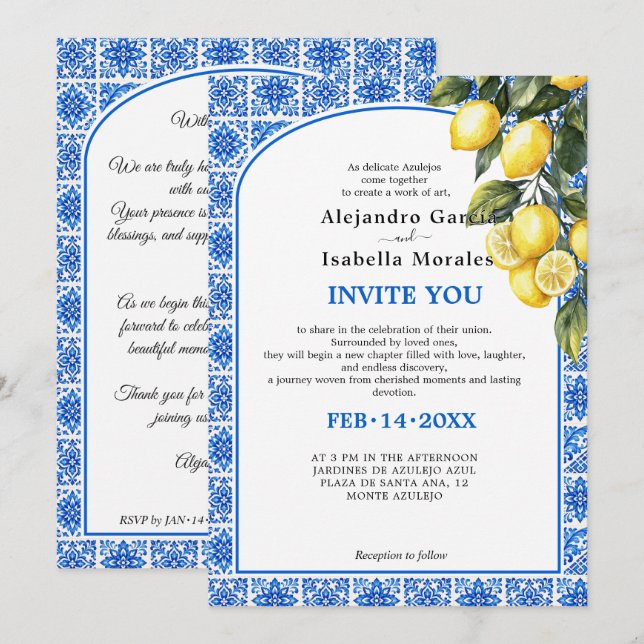 Invitation Azul & Limone Romance 💙🍋 (Devant / Derrière)