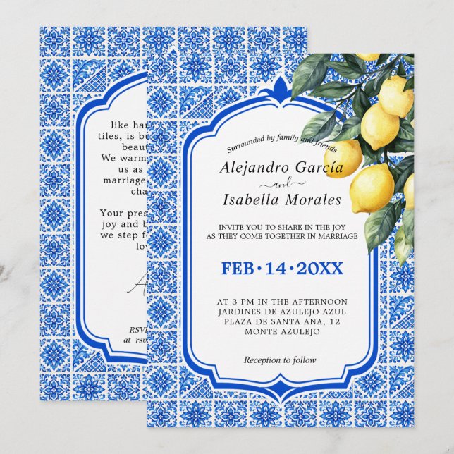 Invitation 🍋💙 Azul & Limone Romance  – Classique (Devant / Derrière)