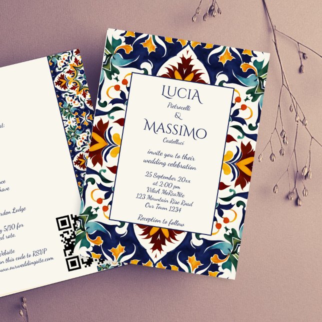Invitation Azulejo bleu portugais Méditerranée tout en un (Azulejo blue Portuguese Mediterranean Talavera tiles all in one wedding Invitation editable template)