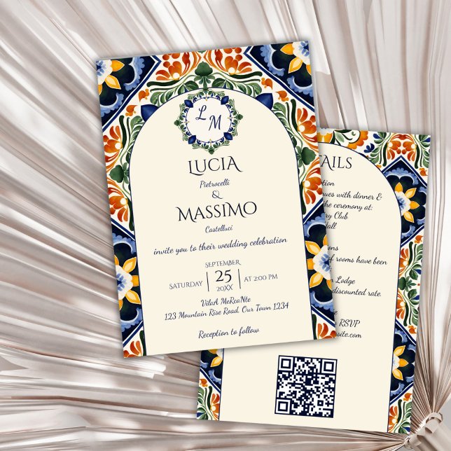 Invitation Azulejo bleu Talavera vintage mariage mexicain (Azulejo blue Talavera tiles vintage Mexican wedding Invitation with RSVP template digital download)