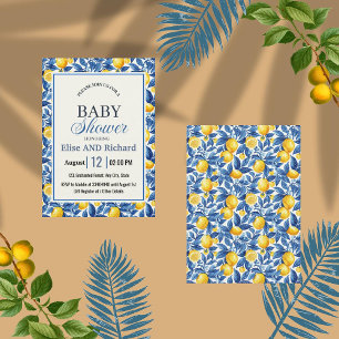 Invitation Azulejo Lemons Blue Leaves Botanical Baby Shower