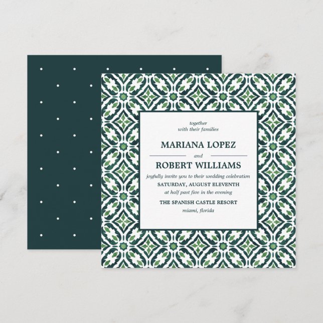 Invitation Azulejo vert | Espagnol Motif Mariage (Devant / Derrière)