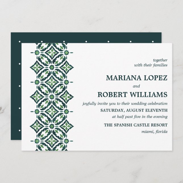 Invitation Azulejo vert | Mariage frontalier espagnol carreau (Devant / Derrière)