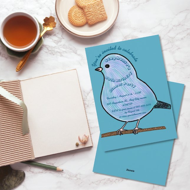 Invitation Azure 50e Anniversaire Fête de dîner Oiseau Mignon (Créateur téléchargé)