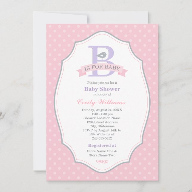 Invitation B est pour bébé rose bébé Baby shower fille (Devant)