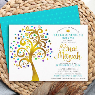 Invitation B’nai Mitzvah Turquoise Gold Foil Arbre de vie