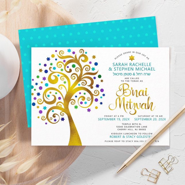 Invitation B’nai Mitzvah Turquoise Gold Tree of Life 2 Date (Créateur téléchargé)