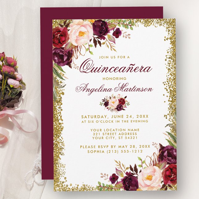 Invitation B Quinceañera Burgundy Florale Pailleté (Customize to change text color, style, add text & photos to back or change color of back of card.)