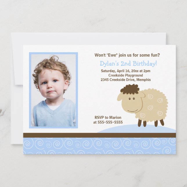 Invitation Baa Baa Bleu mouton *PHOTO* Anniversaire 5x7 (Devant)
