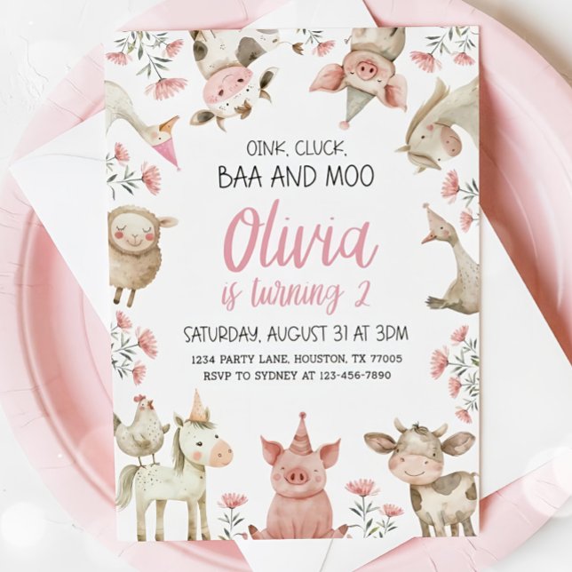 Invitation Baa Oink Moo, j'ai deux ans, Invitation, Fille de  (Créateur téléchargé)