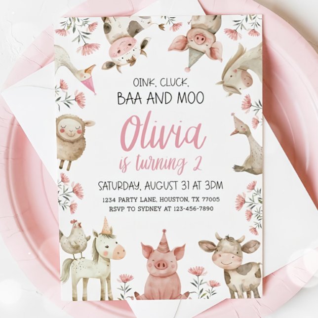 Invitation Baa Oink Moo j'ai deux ans Invitation, Fille de la (Créateur téléchargé)