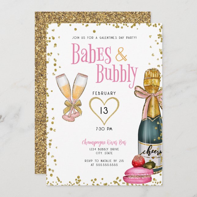 Invitation Babes et Bubbly Champagne de la Saint-Galentin (Devant / Derrière)
