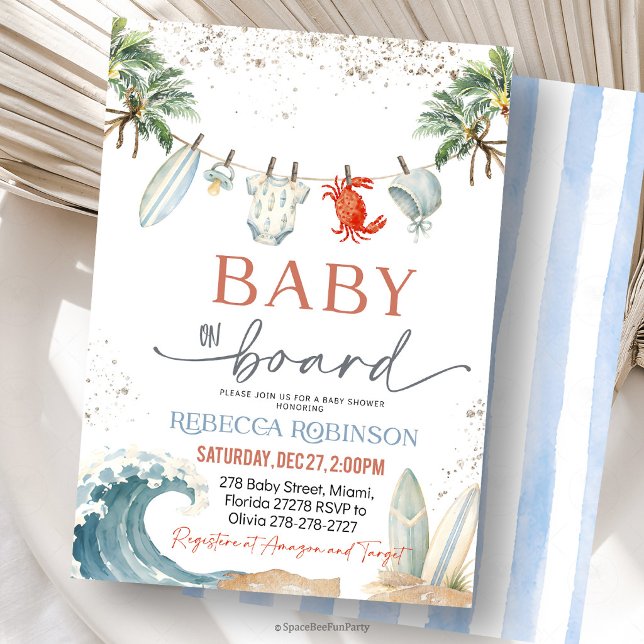 Invitation Baby à bord Surf Beach Baby shower (baby on board invitation, surf baby shower, beach baby shower, surfing baby shower, summer baby show)