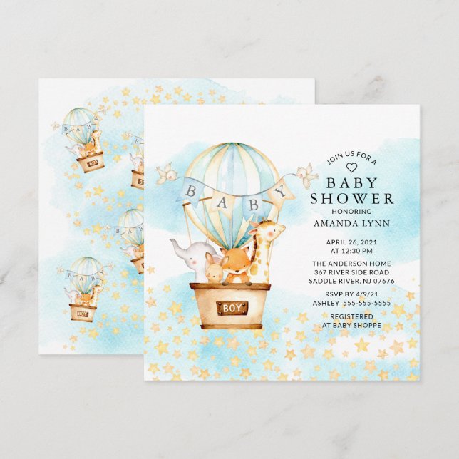 Invitation Baby Animals Hot Air Balloon Ride Boys Baby shower (Devant / Derrière)