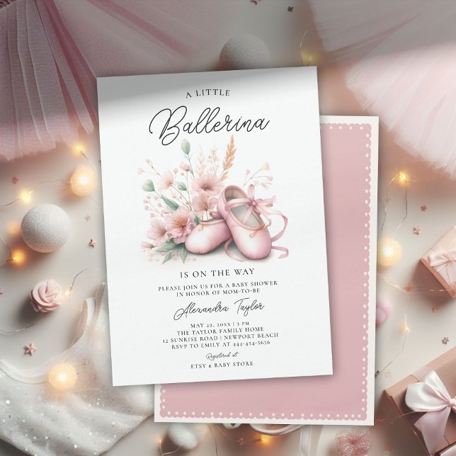 Invitation Baby Ballerina Chaussures Fleur sauvage mignonne f (ballerina baby shower invitation ballet shoes pink wildflowers ribbons satin elegant cute adorable)