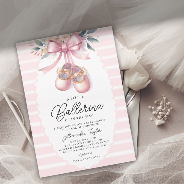 Invitation Baby Ballerina Chaussures Rose Floral Bow Girl Dou (ballerina baby shower invitation ballet shoes pink floral bow ribbons satin elegant cute adorable)