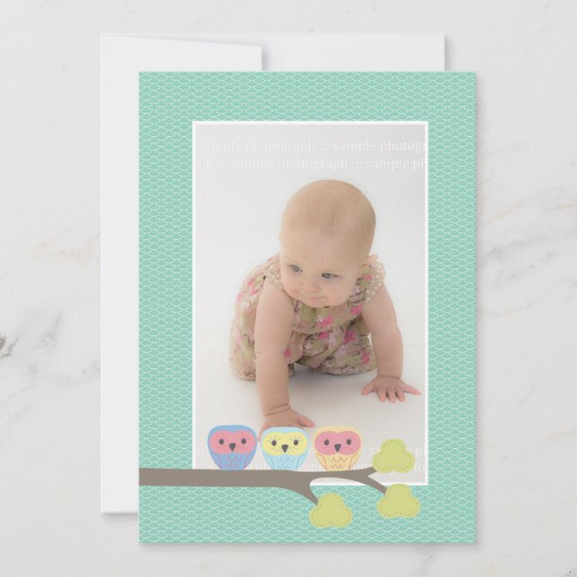 Invitation Baby Baptism Christening Aqua Owls Photo Invitatio (Devant)