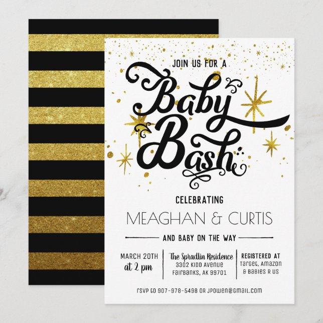 Invitation Baby Bash | Noir, Blanc et Or (Devant / Derrière)