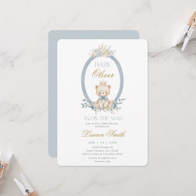 Invitation Baby Bear Baby Shower Garçon (Devant/Arrière en situation)