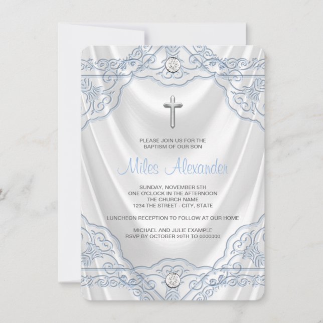 Invitation Baby Blue Baptism Christening White Satin (Devant)
