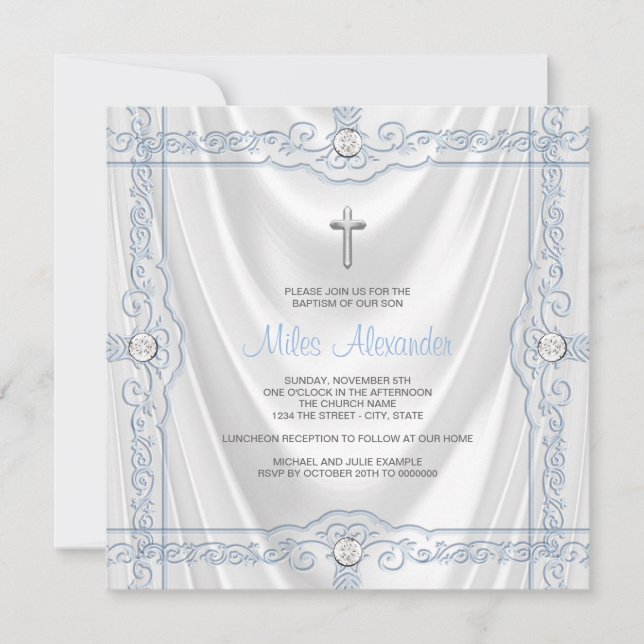 Invitation Baby Blue Baptism Christening White Satin (Devant)