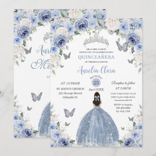Invitation Baby Blue Blanc Floral Princess Quinceañera XV 16