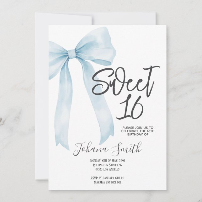 Invitation Baby Blue Bow Sweet Sixteen Girl Birthday Party (Devant)