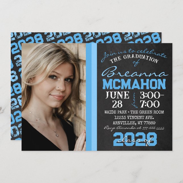 Invitation Baby Blue Chalkboard Graduation Photo (Repeating Class Year 1 & 2 Photo Graduation Invitations & Announcements)