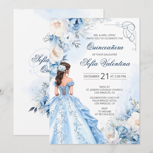 Invitation Baby Blue Cinderella Quinceañera (Devant / Derrière)