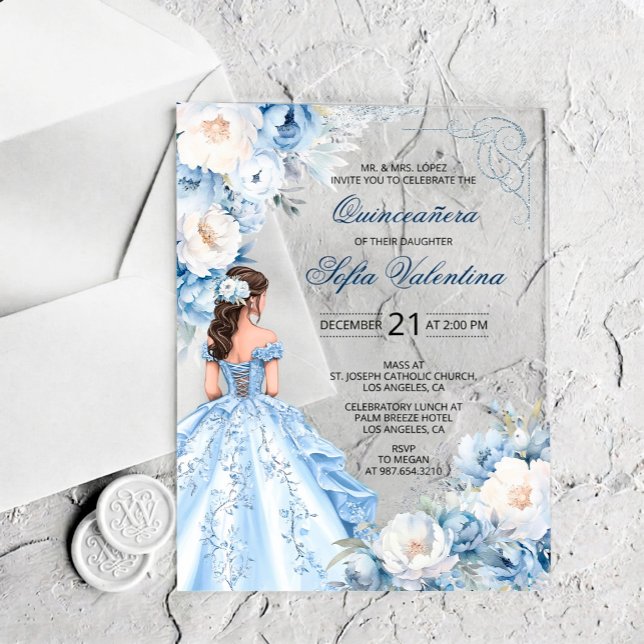 Invitation Baby Blue Cinderella Quinceañera (Quinceanera Baby Blue Dress Floral Acrylic Invitations)