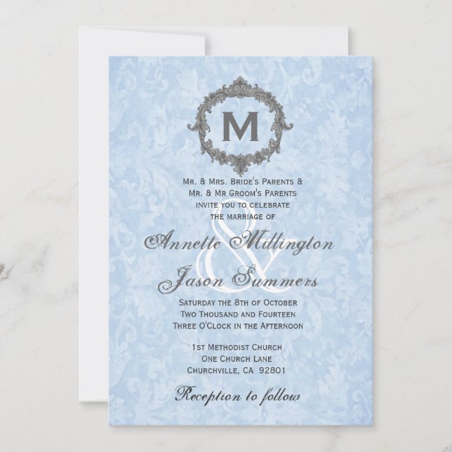 Invitation Baby Blue Damask Grey Monogramme Vintage Mariage (Devant)