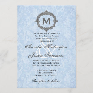 Invitation Baby Blue Damask Grey Monogramme Vintage Mariage