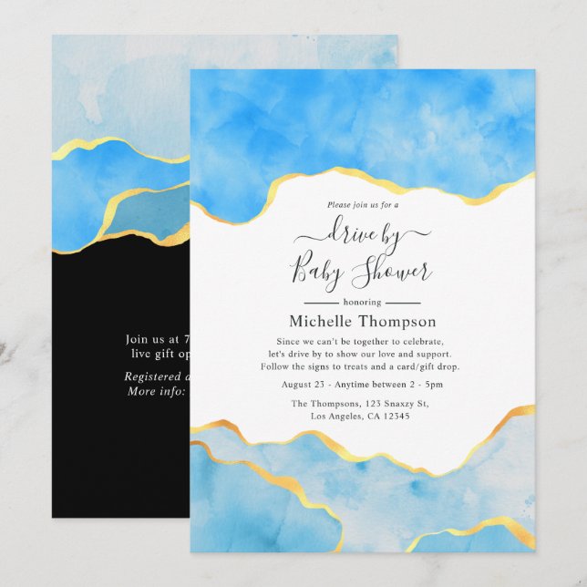 Invitation Baby Blue et Or Agate Drive By Shower (Devant / Derrière)