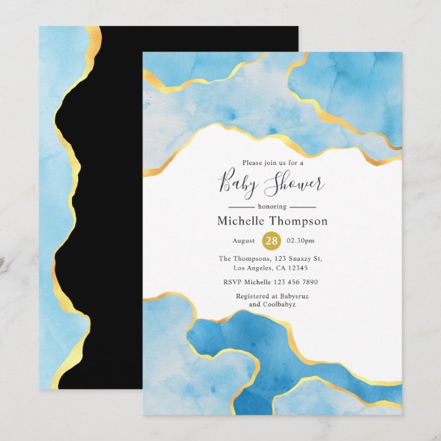 Invitation Baby Blue et Or Agate Garçon Baby Shower (Devant / Derrière)