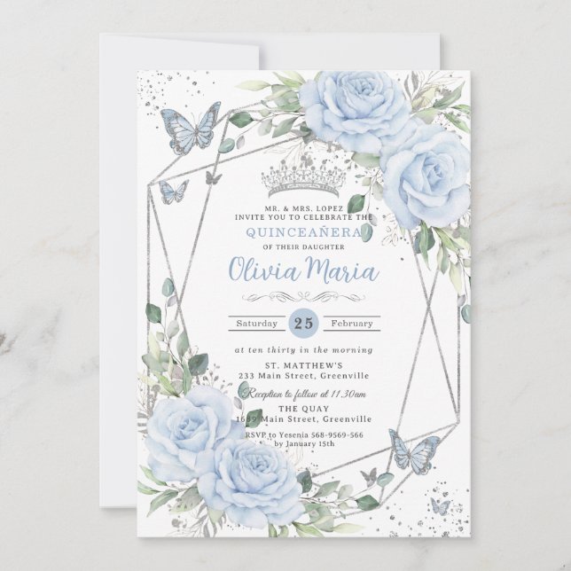 Invitation Baby Blue Floral Butterflies Silver Quinceanera (Devant)