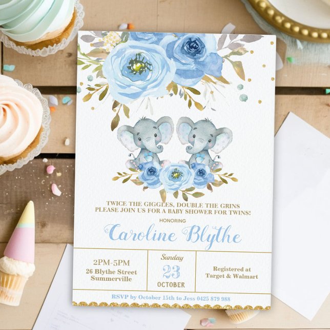 Invitation Baby Blue Floral Elephant Twin Boys Baby shower (Créateur téléchargé)