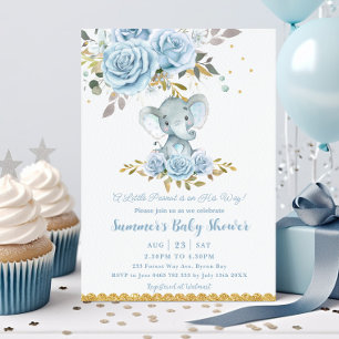 Invitation Baby Blue Floral mignonne Elephant Baby shower gar