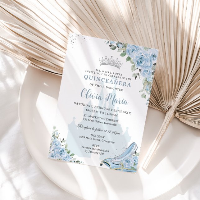 Invitation Baby Blue Floral Princess Chaussure en verre Quinc (Créateur téléchargé)
