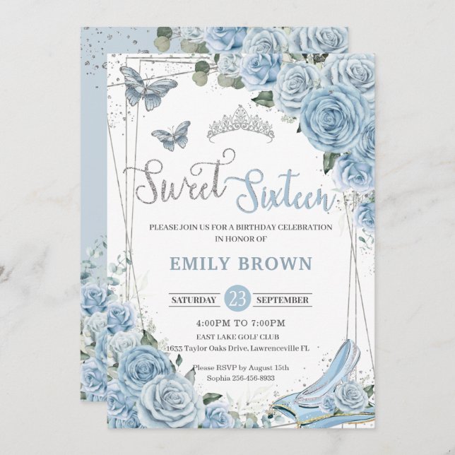Invitation Baby Blue Floral Princess Sweet sixteen 16e (Devant / Derrière)