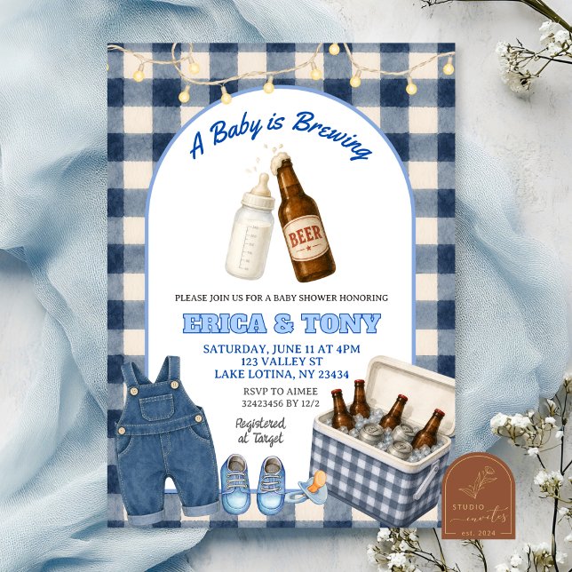 Invitation Baby Blue Gingham est en train de brasser de la bi (Créateur téléchargé)