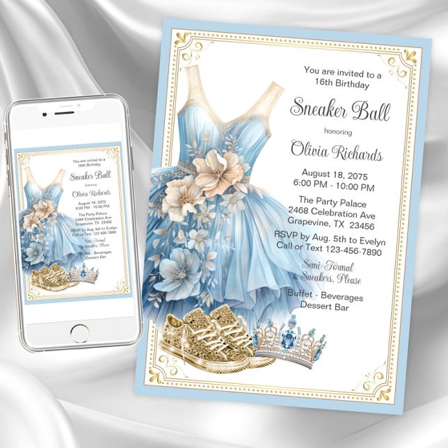 Invitation Baby Blue Gold Basket Ball fête d'anniversaire (Baby blue gold sneaker ball invitation. Instant download and printed invitations available.)