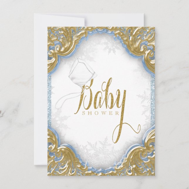 Invitation Baby Blue Gold Boy Snowflake Baby Shower (Devant)