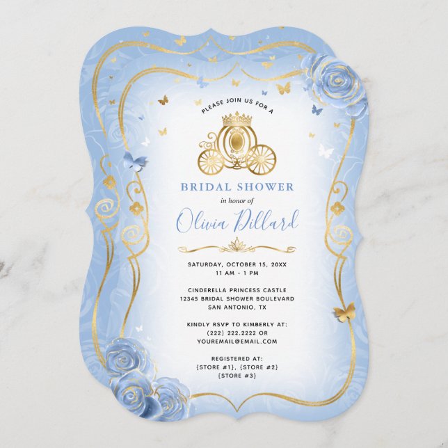 Invitation Baby Blue Gold Cinderella Princess Fête des mariée (Devant / Derrière)